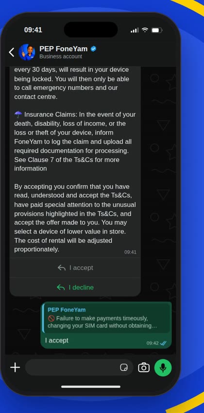 Funeka explaining contract terms before the customer accepts