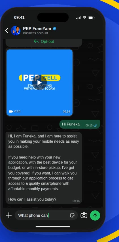 Funeka greeting a customer who asks which phone they can get