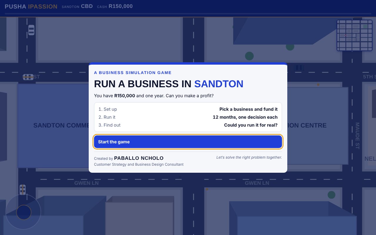 Pusha iPassion start screen over Sandton