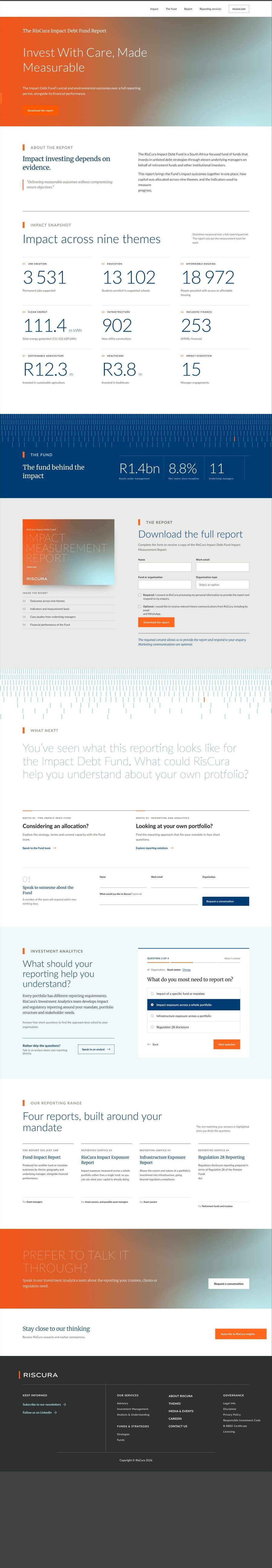 The complete redesigned Impact Debt Fund landing page, from hero to footer